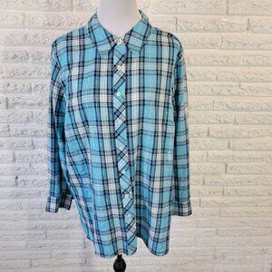 Talbots Womens Top 2X Long Sleeve Metallic Thread Blue Pink Plaid PLA23XE